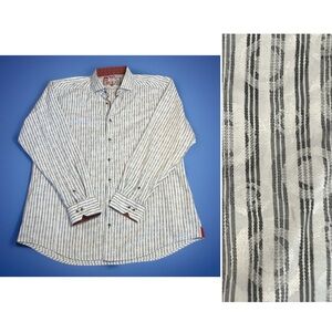 7 Downie Street Men’s Button Down Fun Pattern Circles sz9 White Grey Long Sleeve